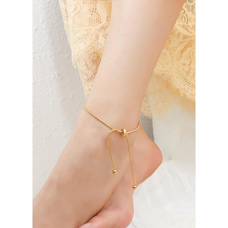 Bracelet de cheville réglable en acier inoxydable avec perles rondes et PVD or 18 carats