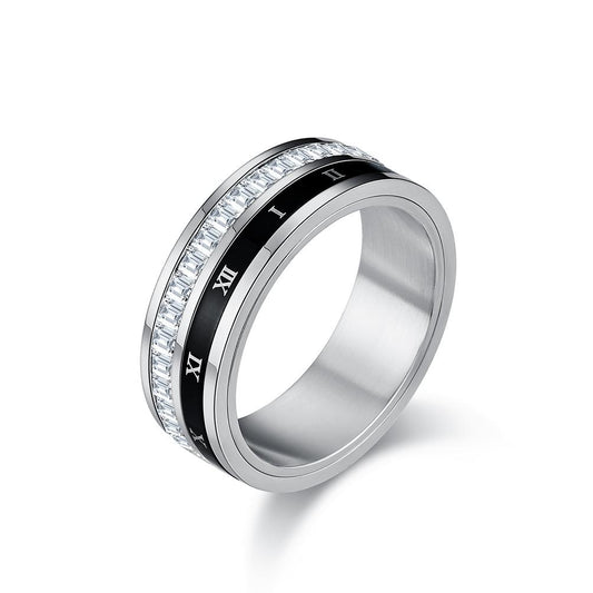 Roman Numeral Spinner Stainless Steel Ring with Square Cubic Zirconia