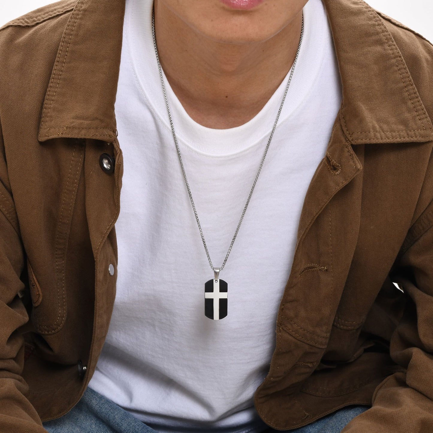 Stainless Steel Cross Pattern Dog Tag Pendant Necklace