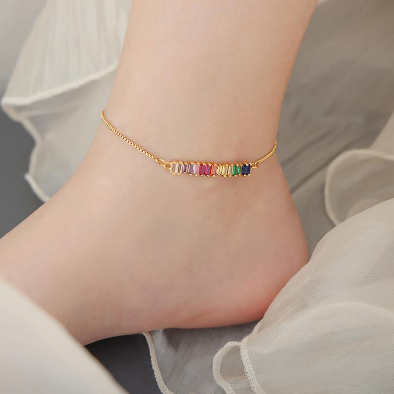 Rainbow Cubic Zirconia Stainless Steel Anklet