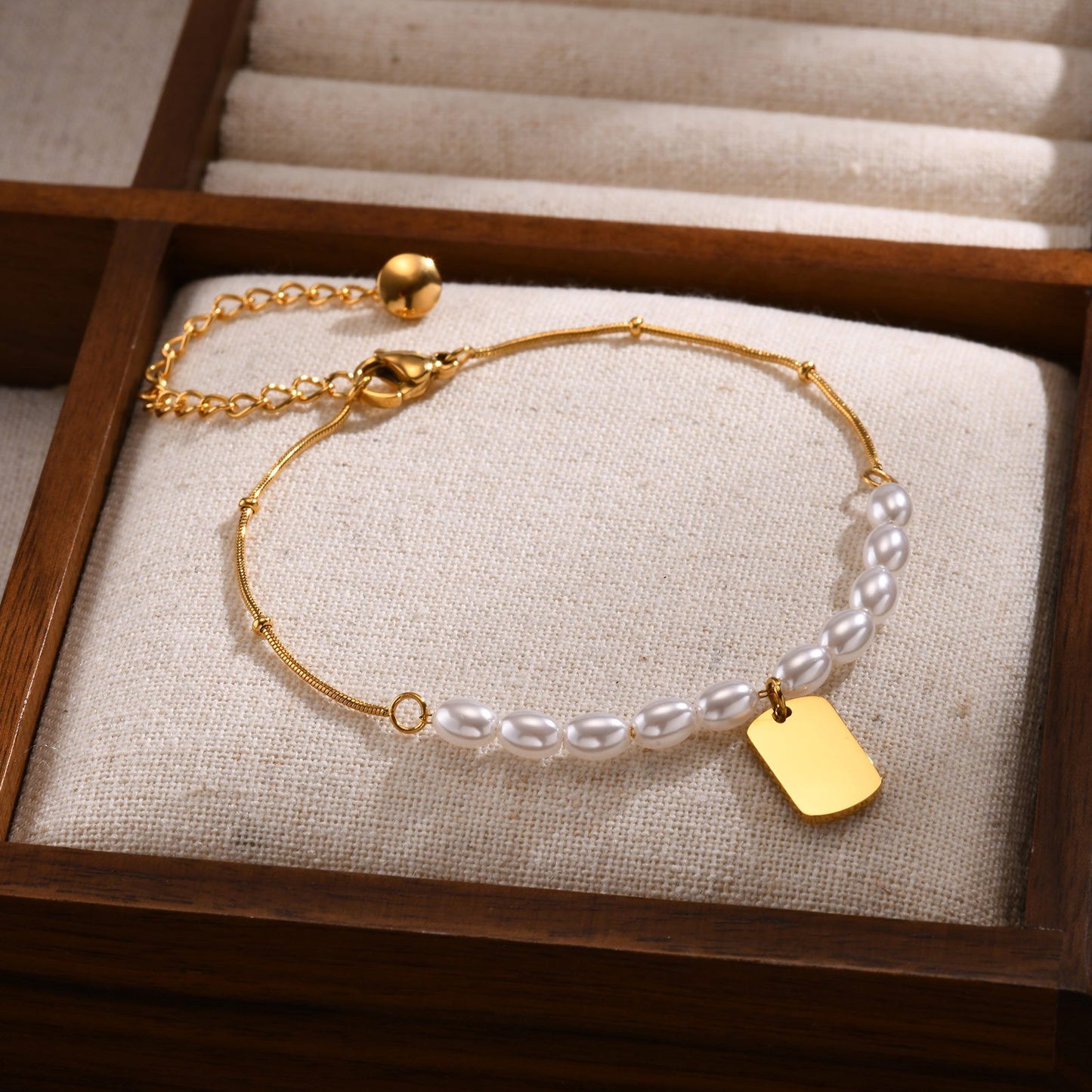 Stainless Steel Square Pendant Imitation Pearl Blank Bracelet
