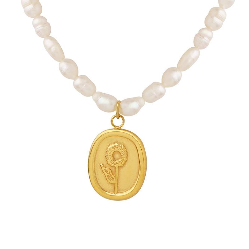 Sunflower Oval Pendant Freshwater Pearl Necklace