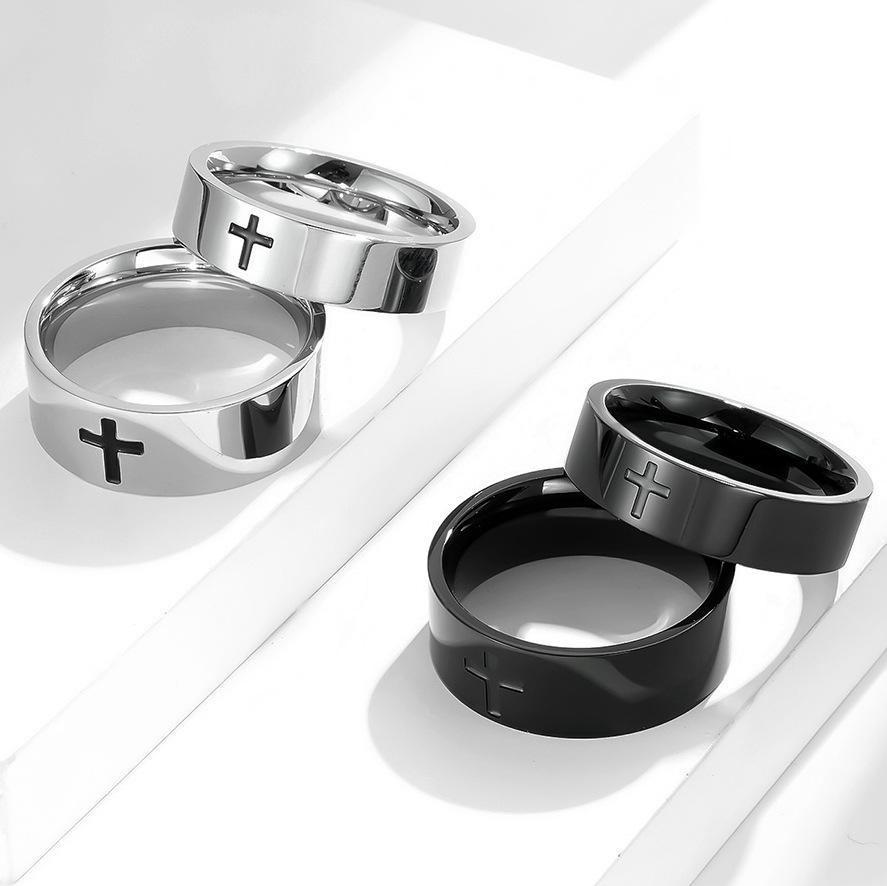 Polished Cross Drop Oil Stainless Steel Couple Ring