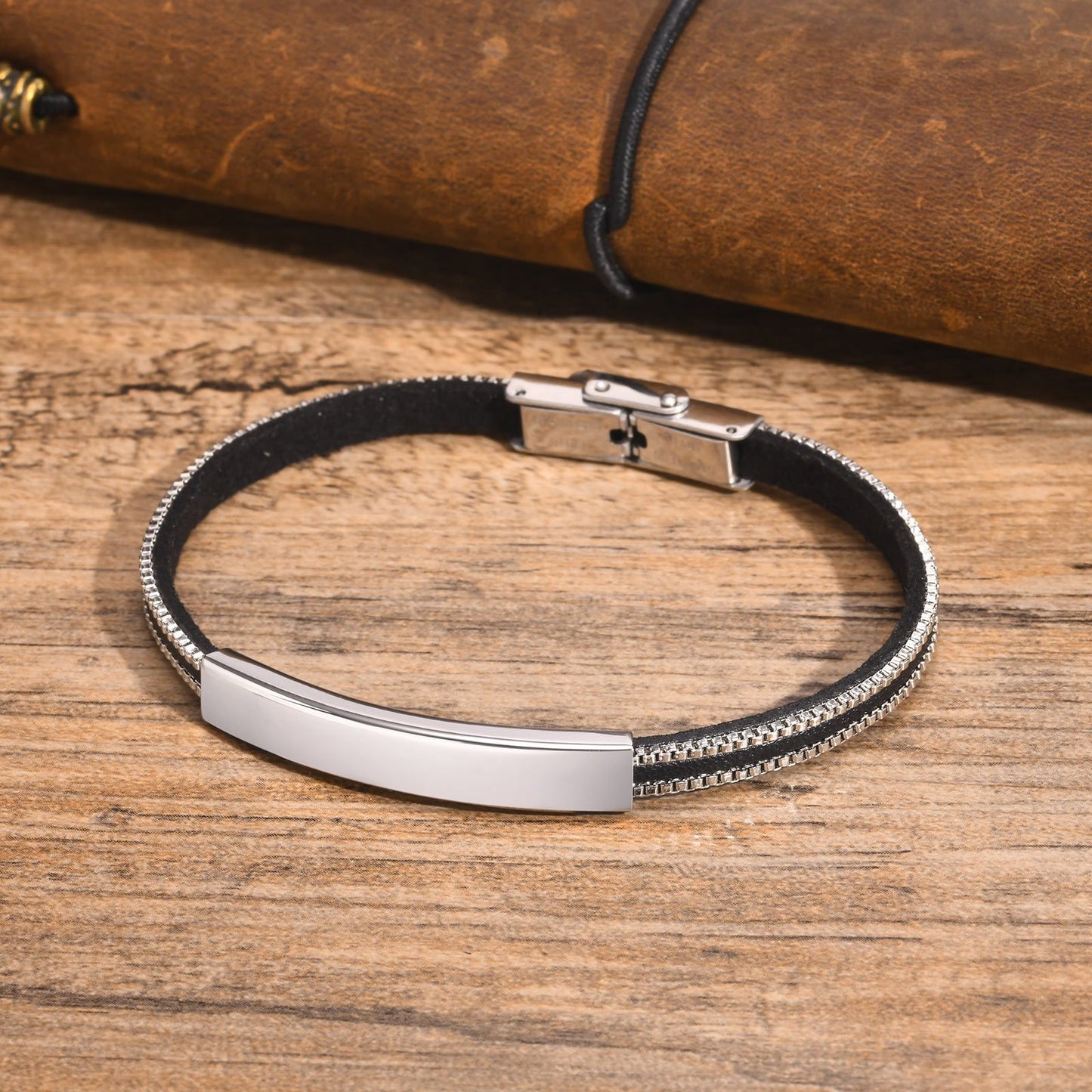 Stainless Steel Curved Bar Chain Blank Leather Bangle