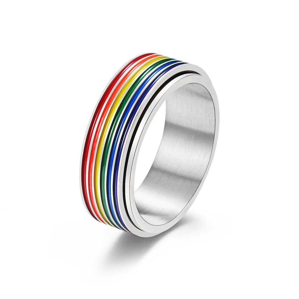 Stainless Steel Spinner Rainbow Couple Ring