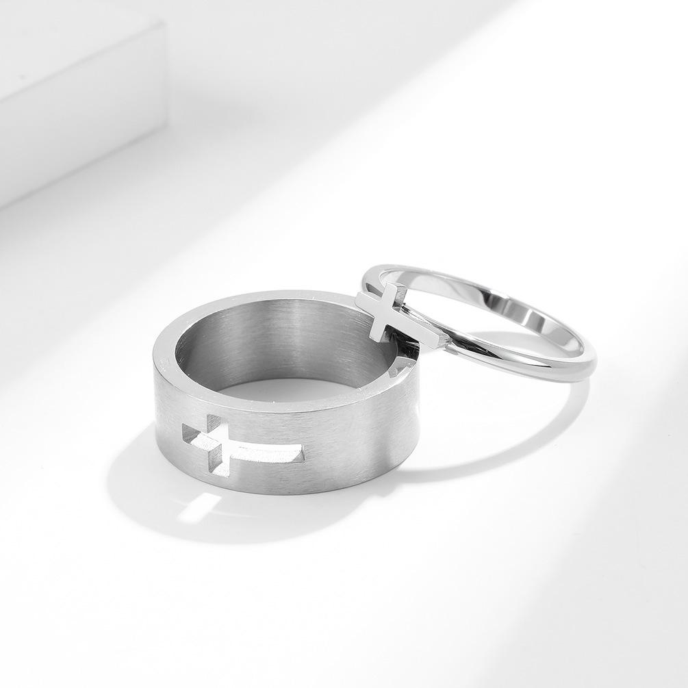 Hollow Cross Stainless Steel Couple Blank Ring