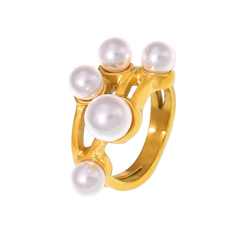 Stainless Steel Hollow Imitation Pearl Ring