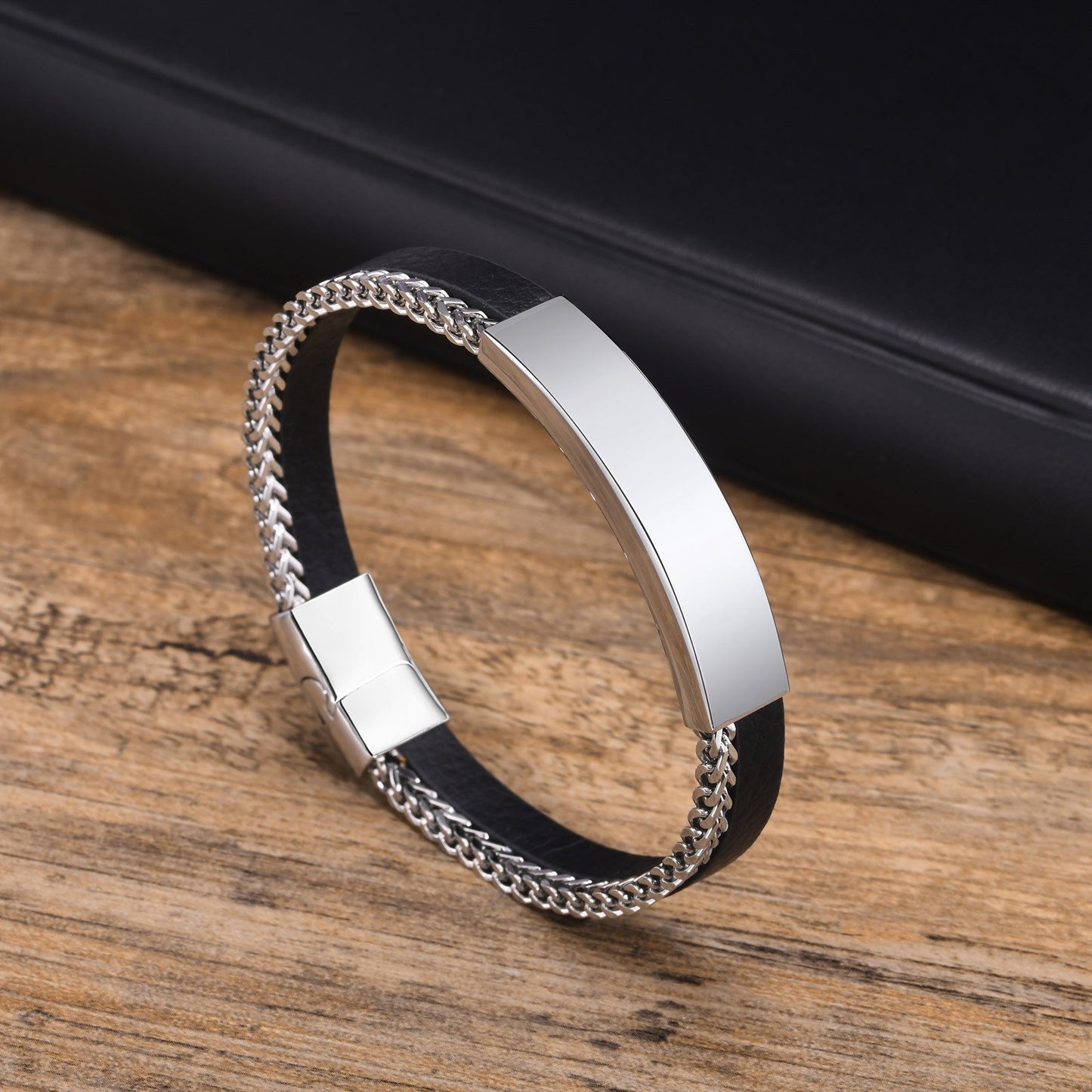 Stainless Steel Chain Blank Leather Bangle