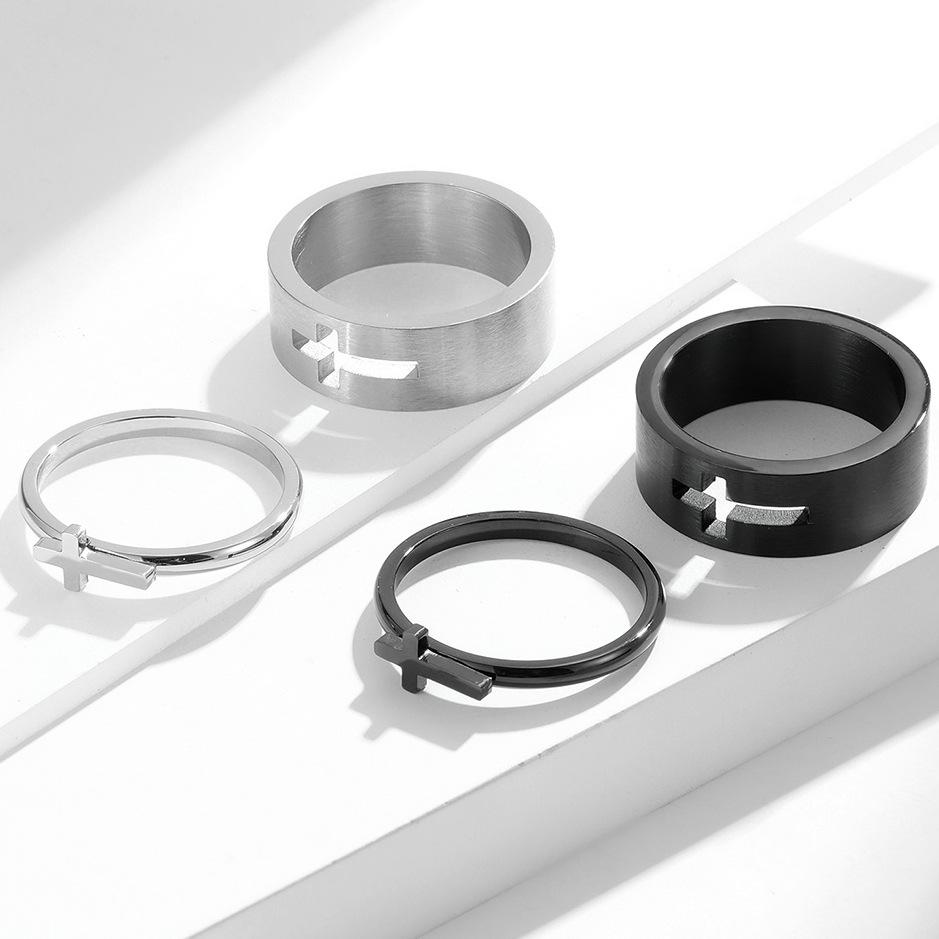 Hollow Cross Stainless Steel Couple Blank Ring