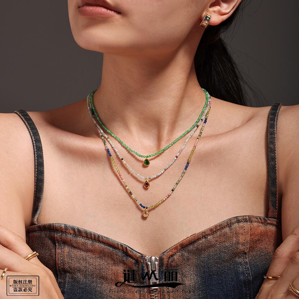Stainless Steel Water Drop CZ Pendant Beaded Necklace