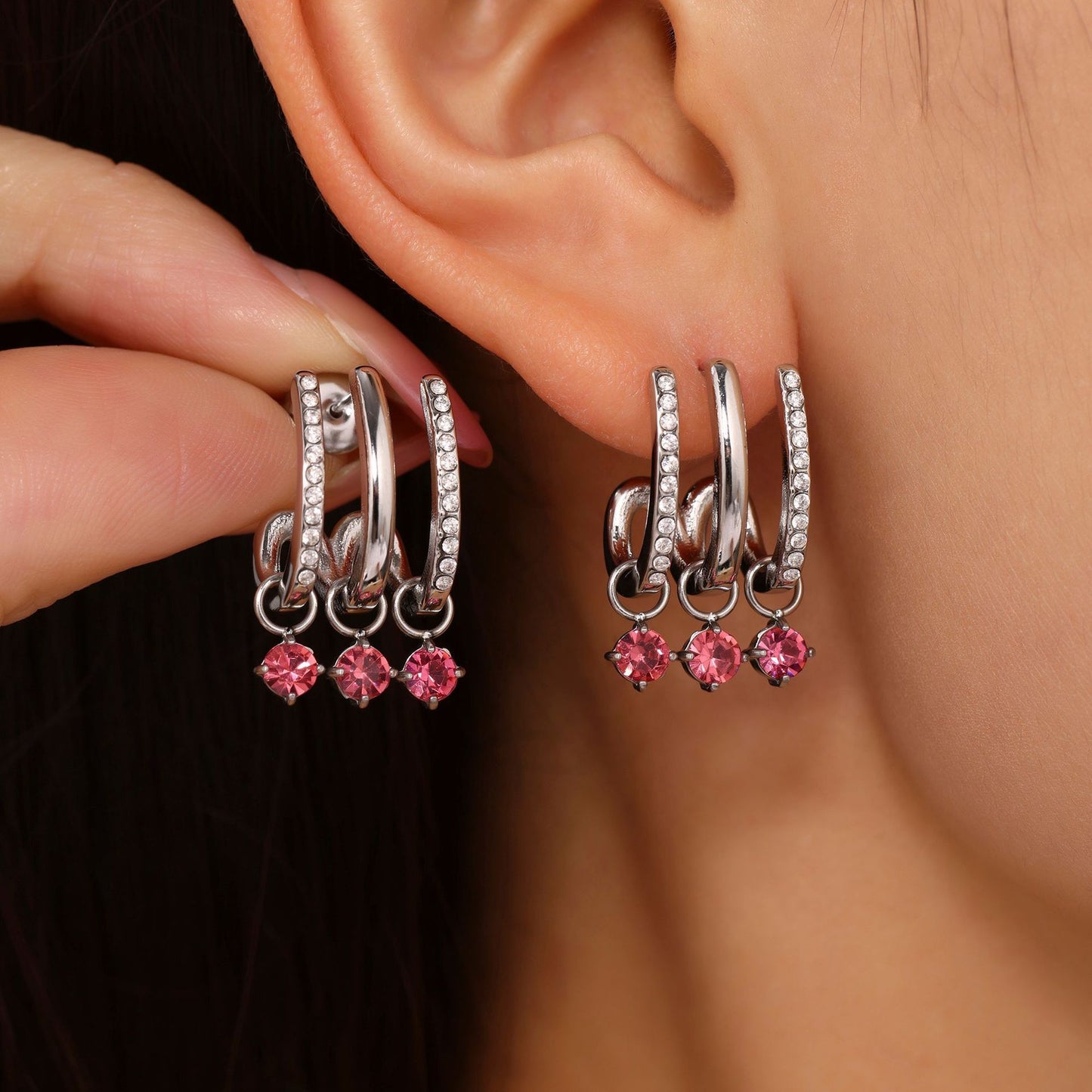 Boucles d'oreilles à pampilles en acier inoxydable avec zircone cubique rose et blanche