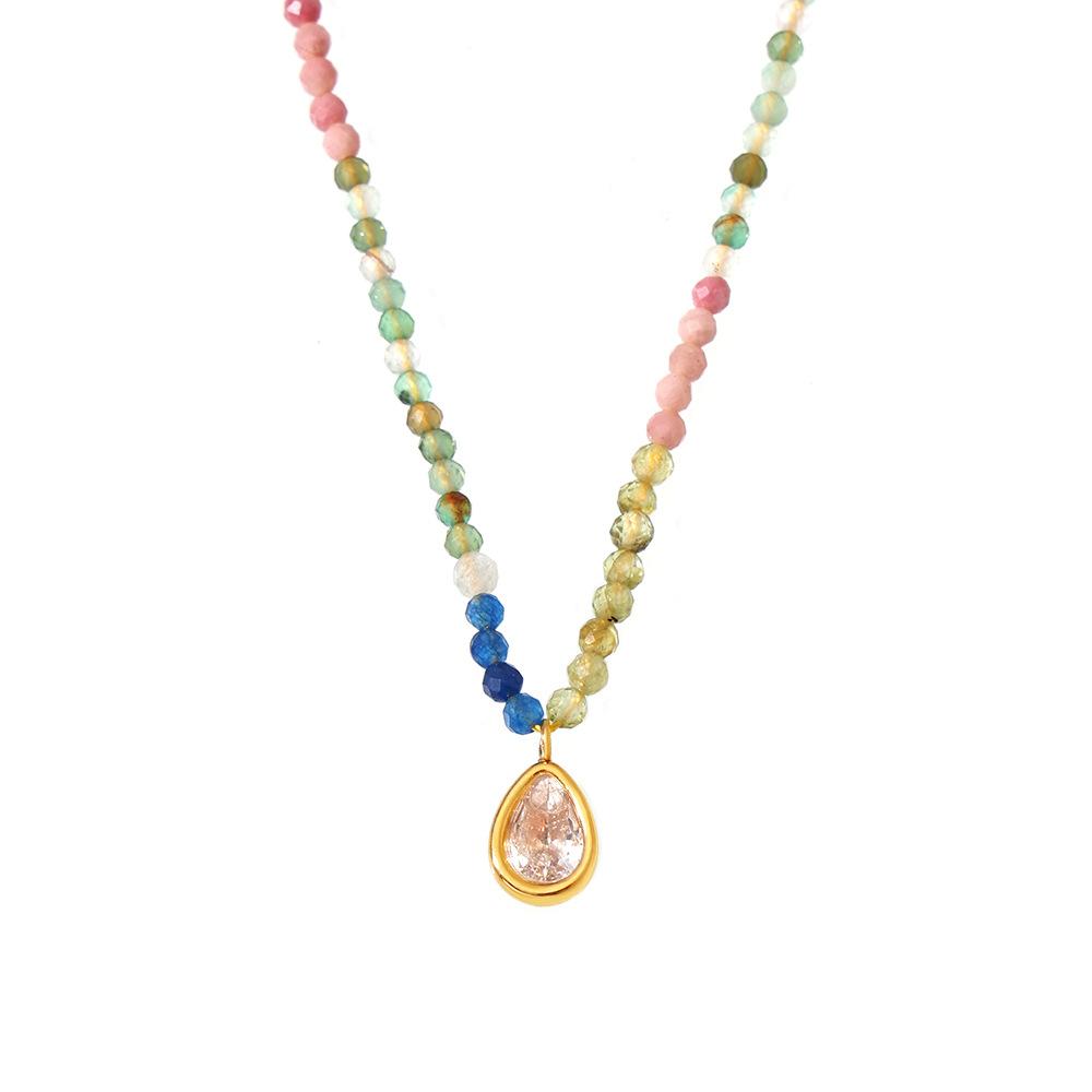 Stainless Steel Water Drop CZ Pendant Beaded Necklace