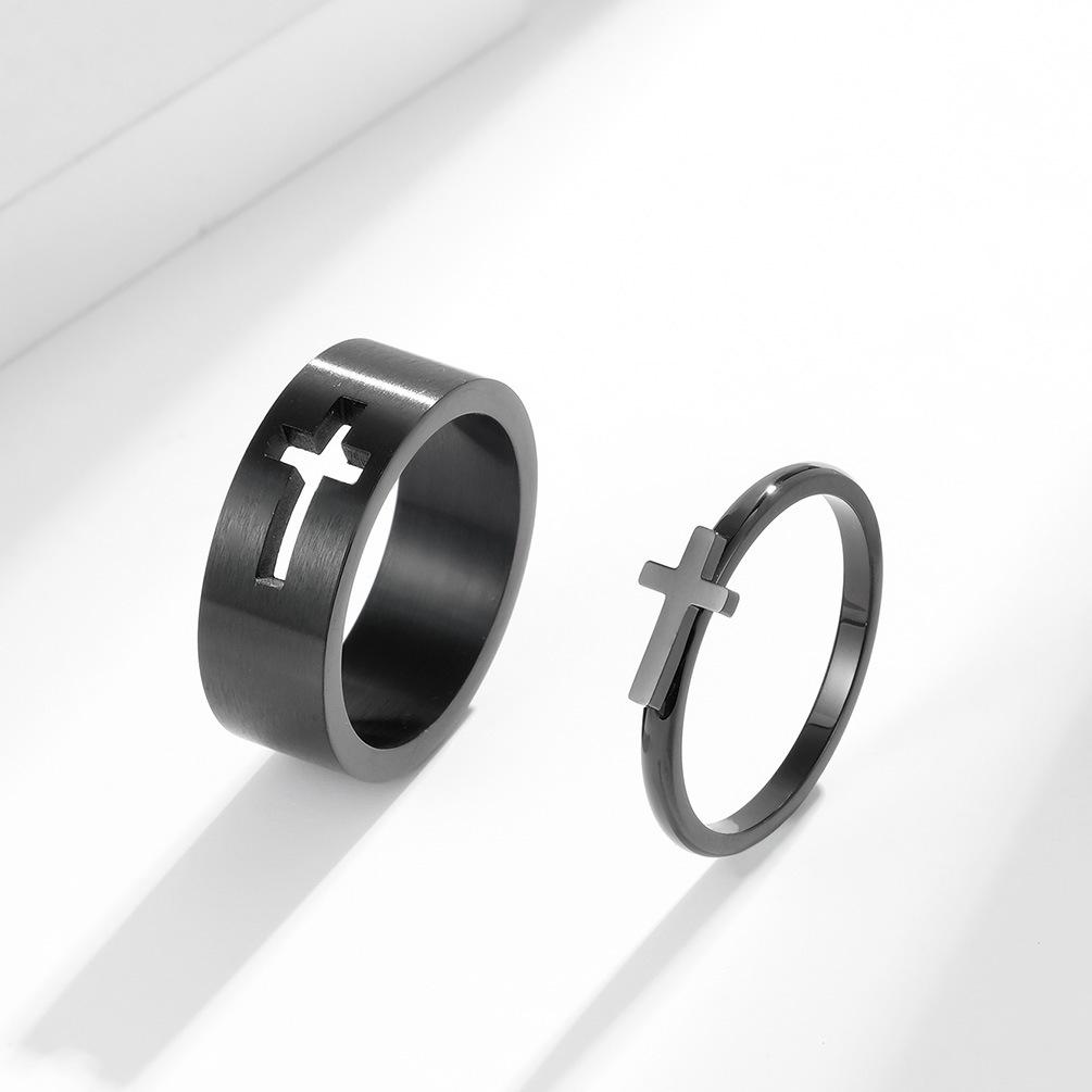 Hollow Cross Stainless Steel Couple Blank Ring
