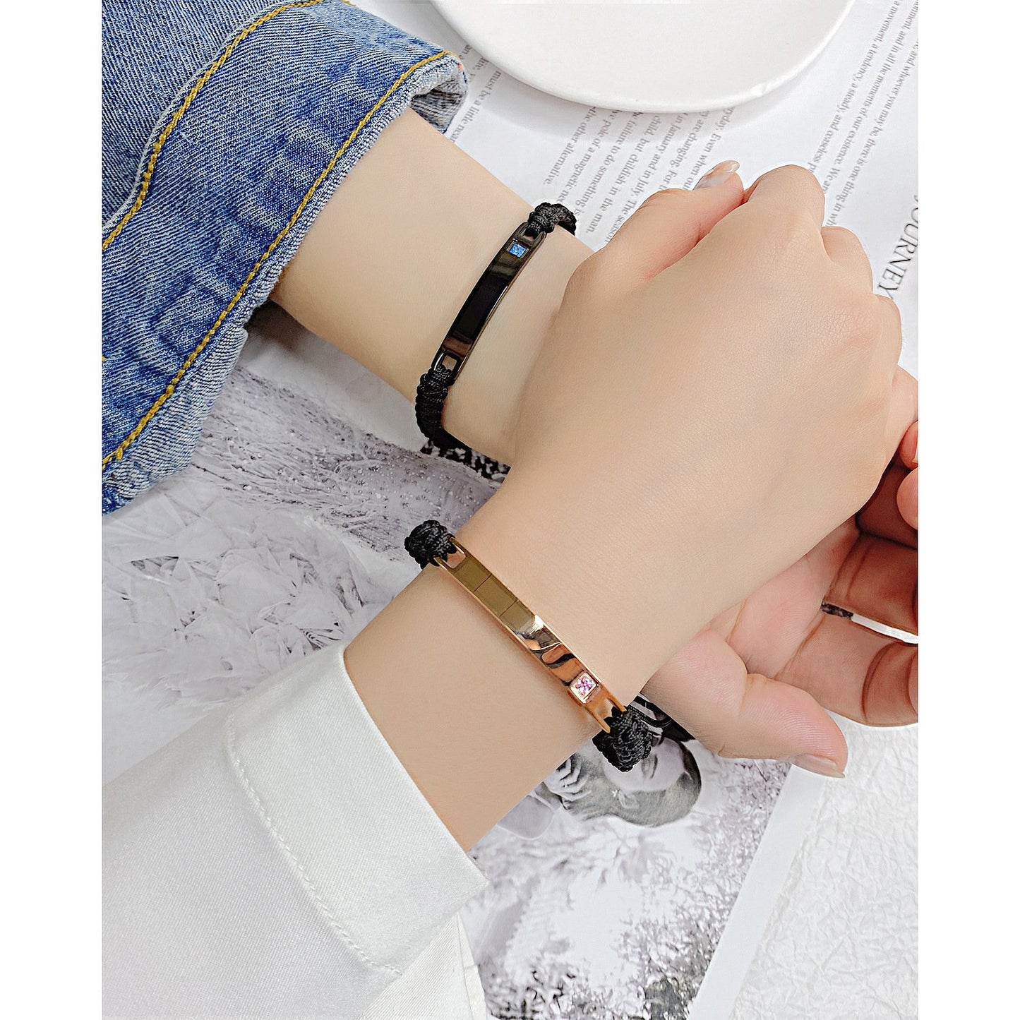Stainless Steel Cubic Zirconia Couple Blank Bracelet