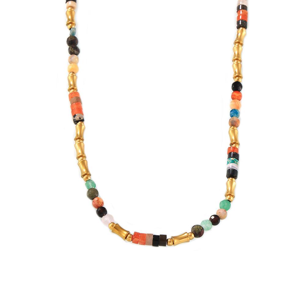 Stainless Steel Rainbow Natural Stone Beaded Necklace
