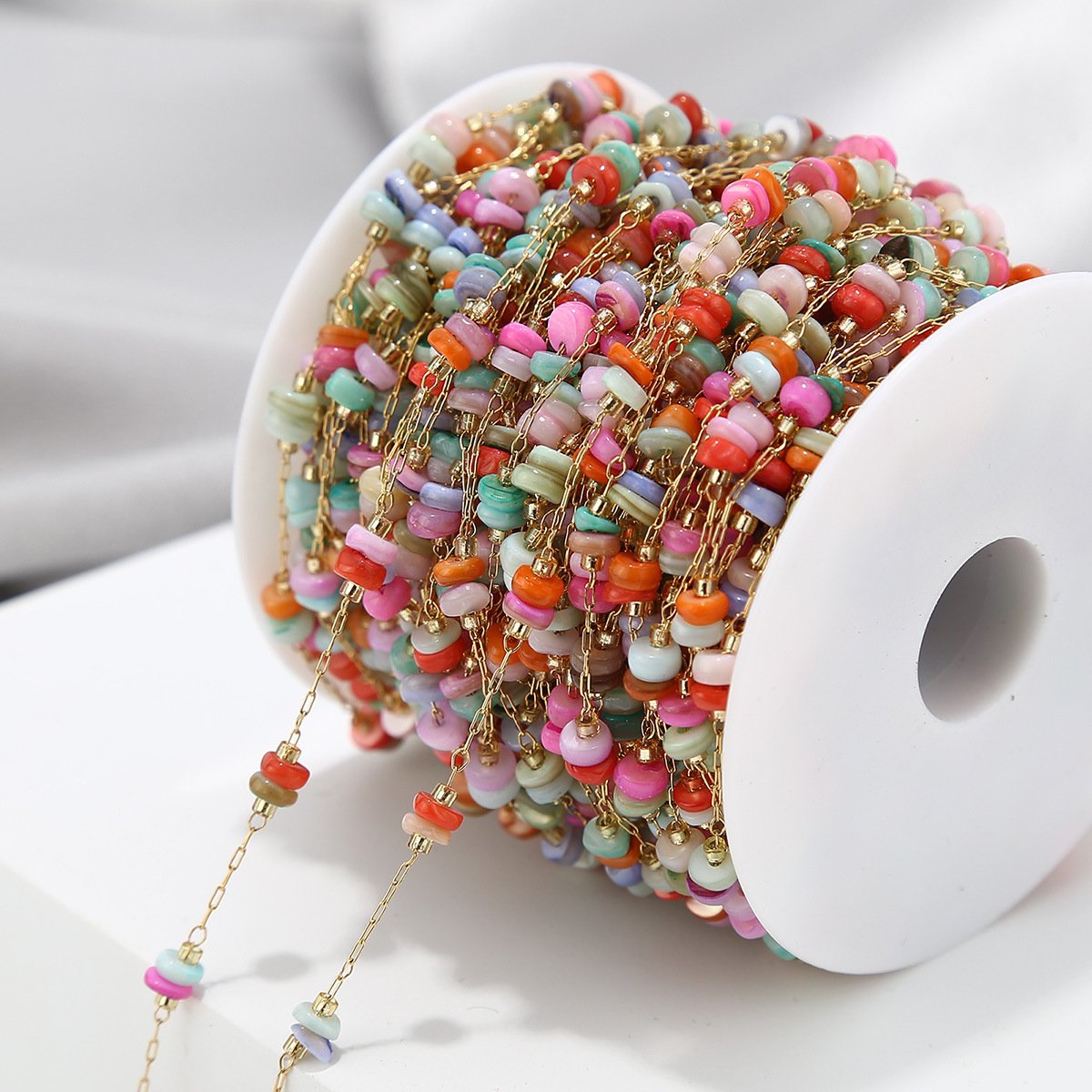 Stainless Steel 4mm Width Rainbow Stone Bead Chain - By the Meter