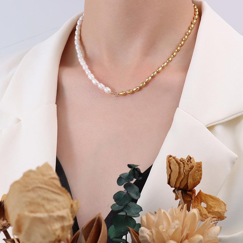 Stainless Steel Oval Beads Stitching Freshwater Pearl Necklace