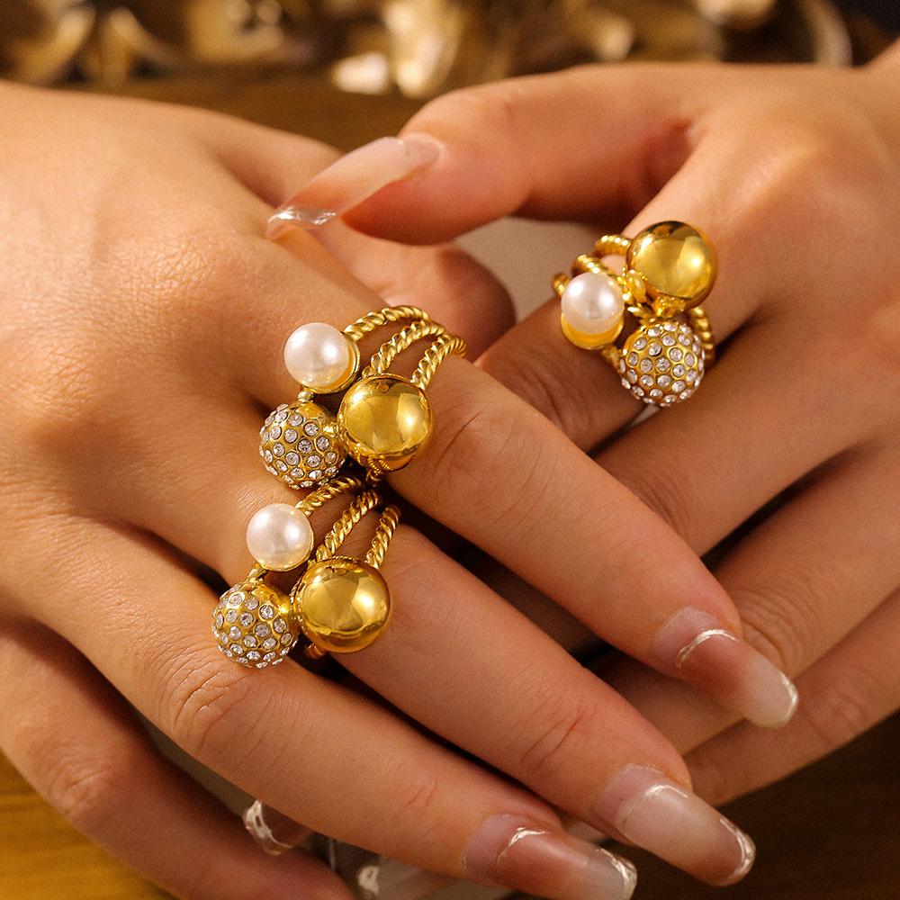 Stainless Steel Ball Inlay CZ Imitation Pearl Ring