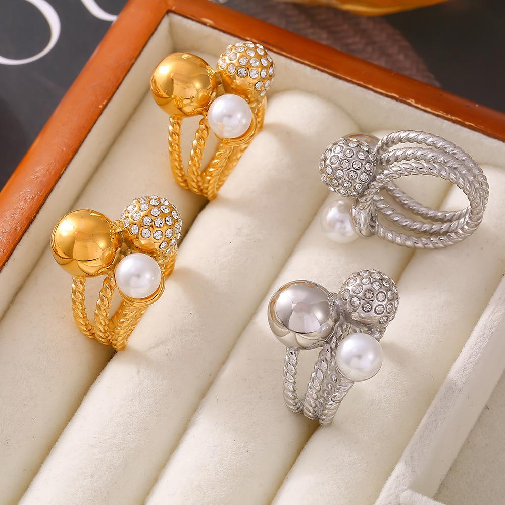 Stainless Steel Ball Inlay CZ Imitation Pearl Ring