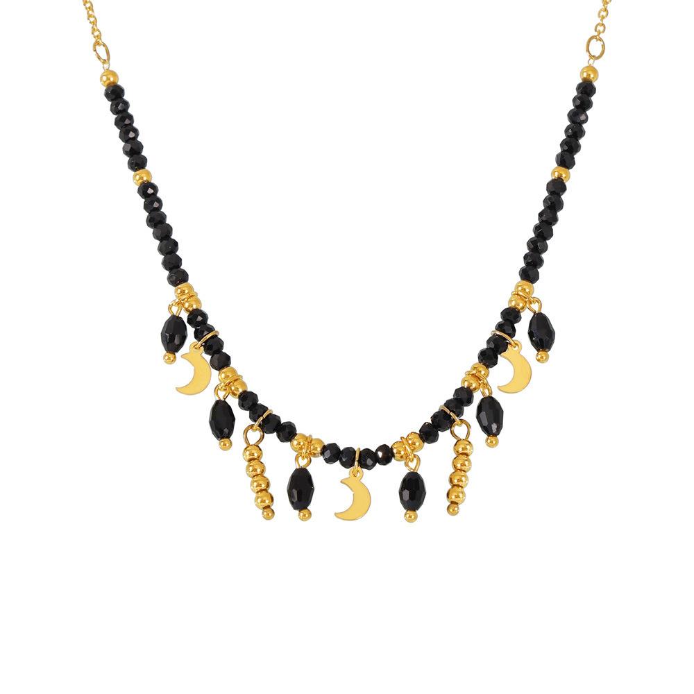 Stainless Steel Tassel Black Crystal Beaded Necklace