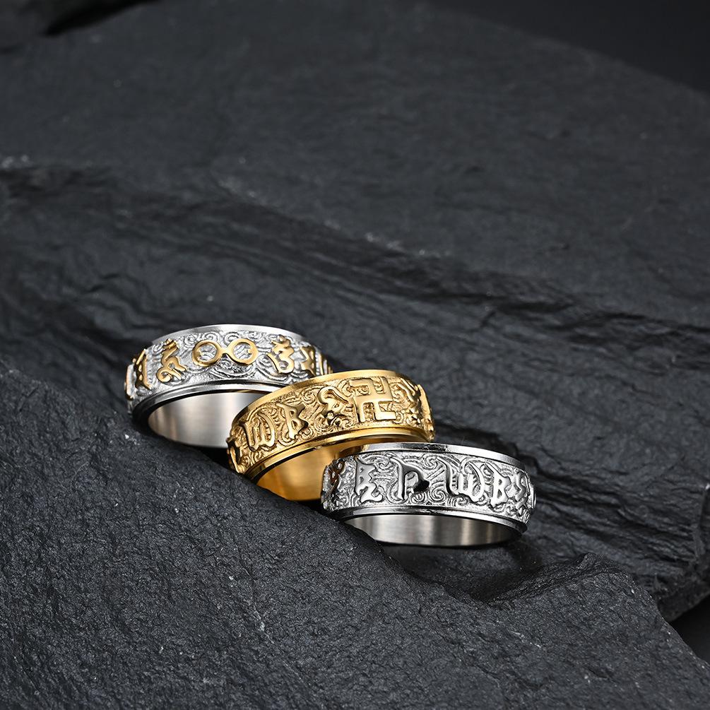 Bague tournante en acier inoxydable avec motif de nuage porte-bonheur et écritures bouddhistes