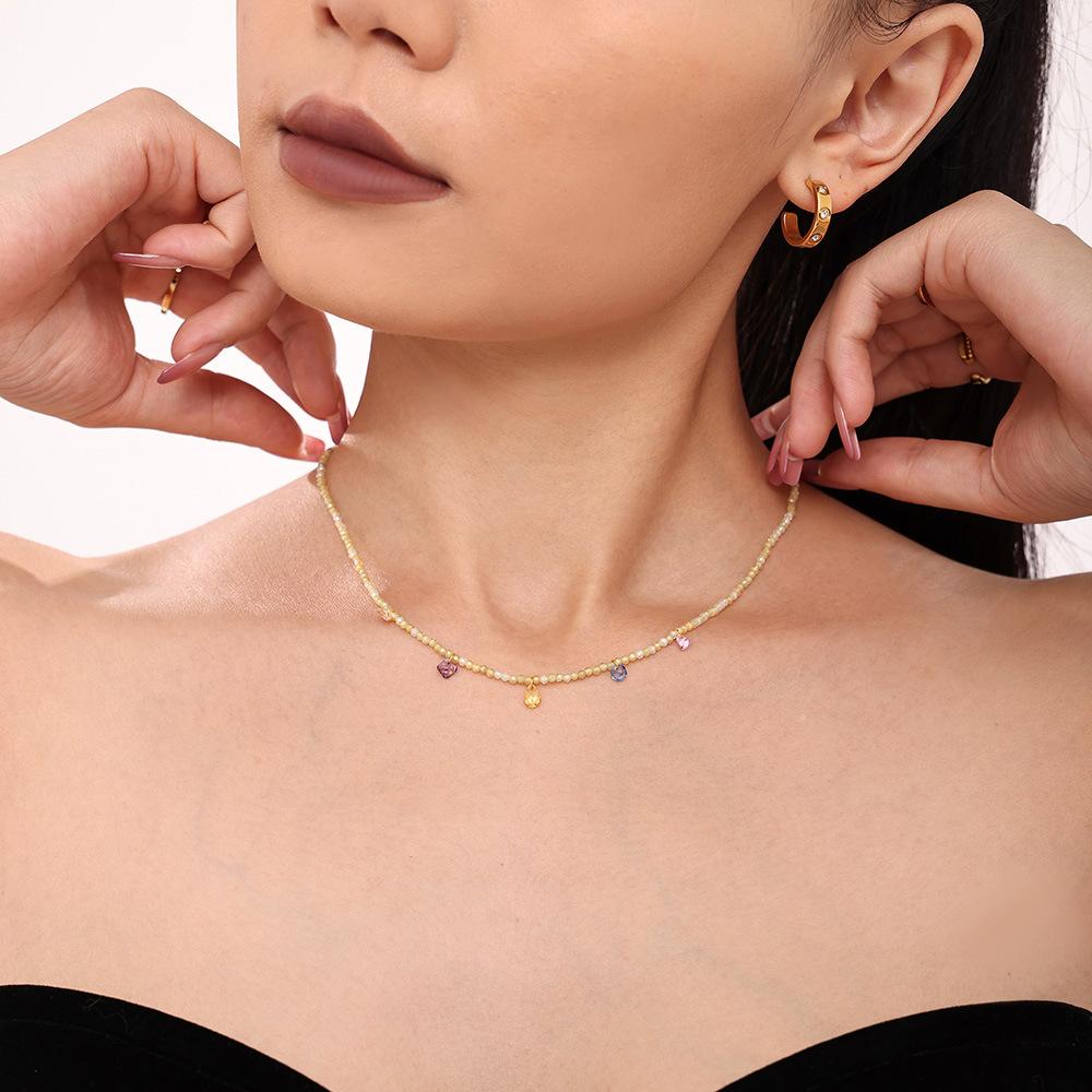 Stainless Steel Cubic Zirconia Pendant Beaded Necklace