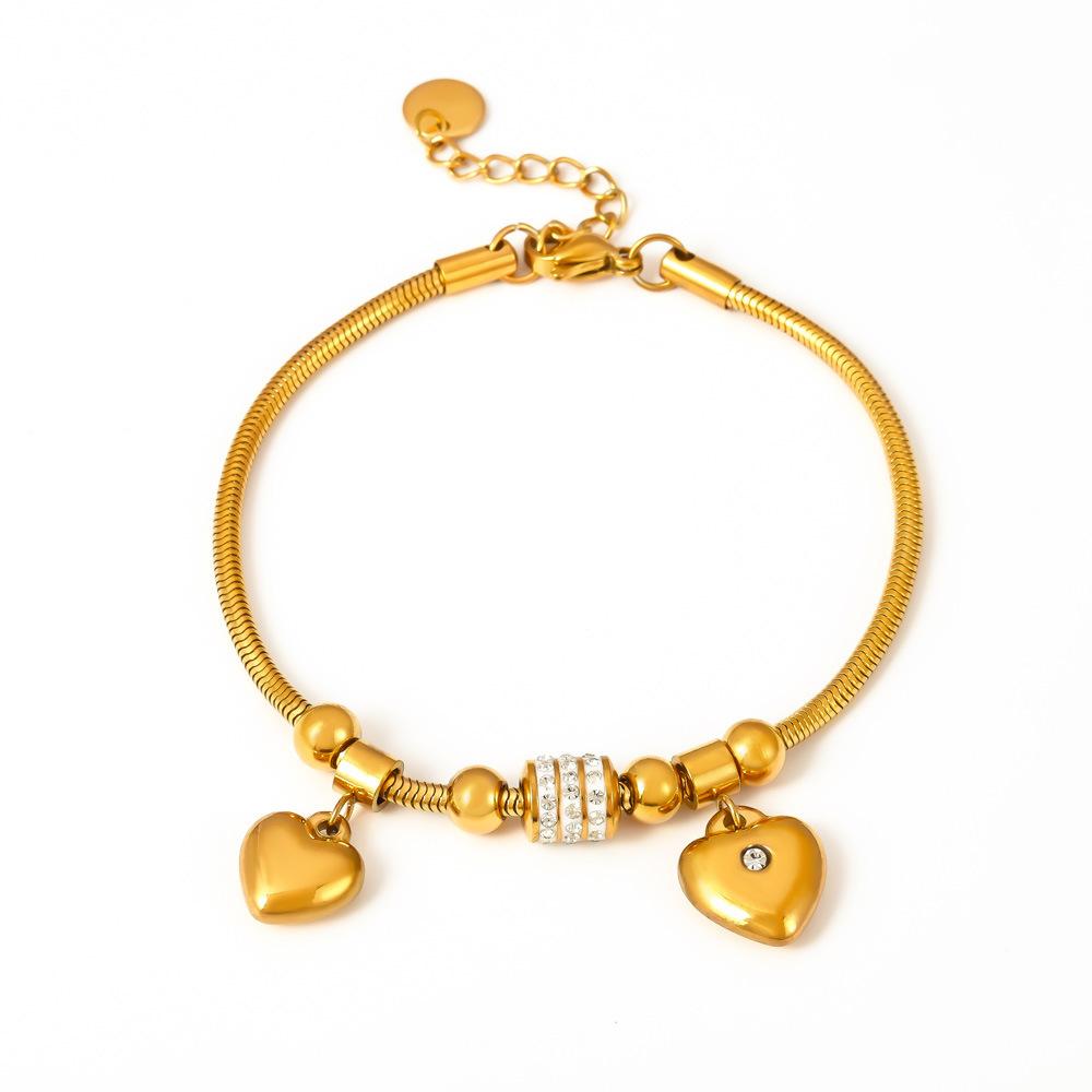 Stainless Steel Double Heart Cubic Zirconia Snake Chain Bracelet