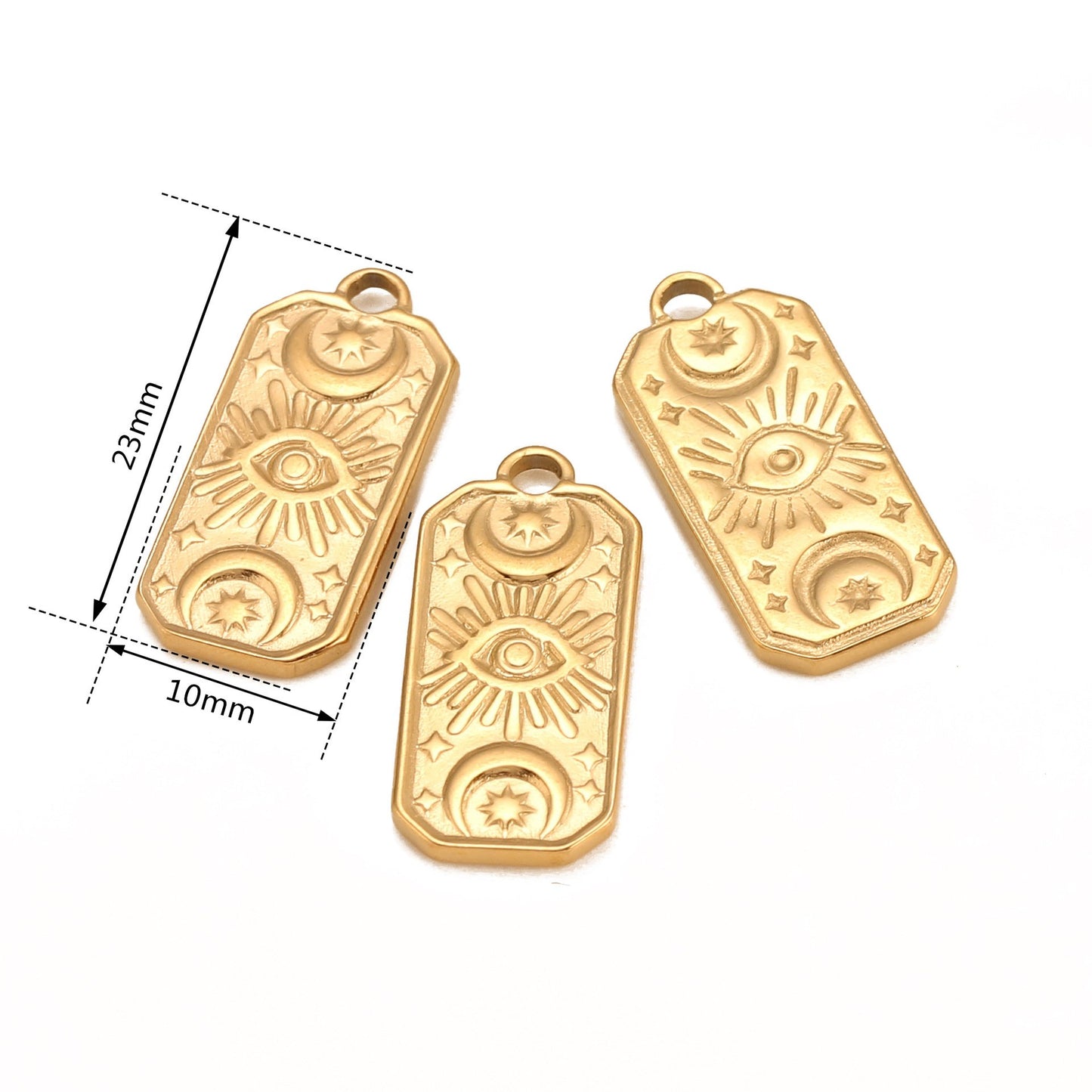 Pendentif rectangulaire en acier inoxydable avec étoile, lune et œil du diable