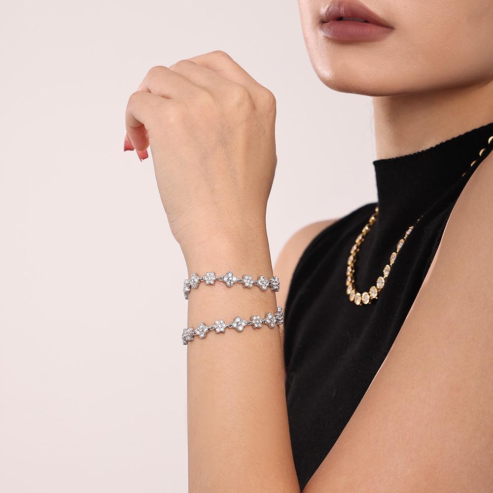 Stainless Steel Flower Inlay Cubic Zirconia Bracelet