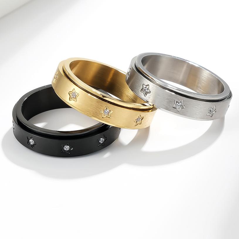 Star Inlay Cubic Zirconia Stainless Steel Spinner Ring