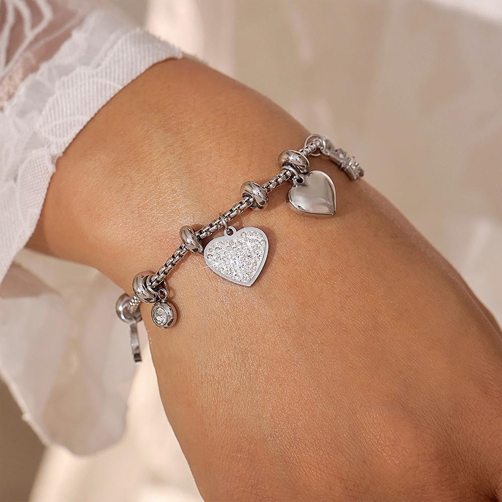 Stainless Steel Heart Inlay Cubic Zirconia Bracelet