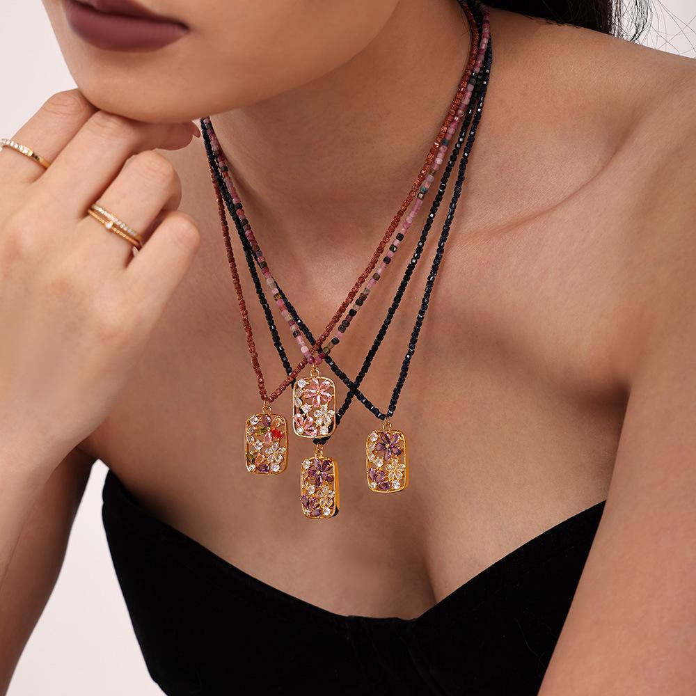Brass Material Flower Pendant Square Beaded Necklace