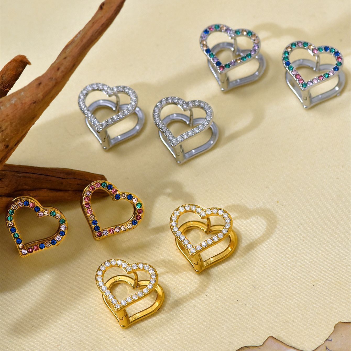 Stainless Steel Heart Double Sided Cubic Zirconia Earrings