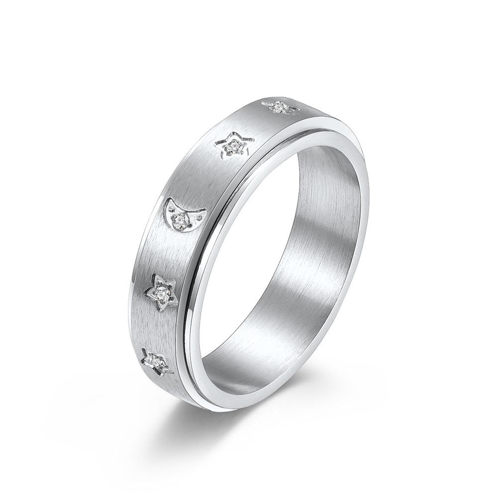 Star Moon Cubic Zirconia Stainless Steel Spinner Ring