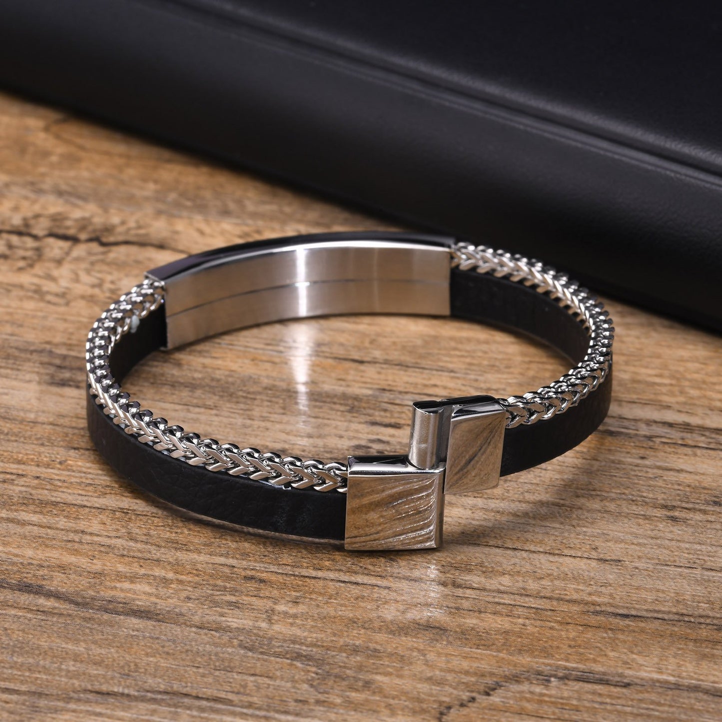 Stainless Steel Chain Blank Leather Bangle