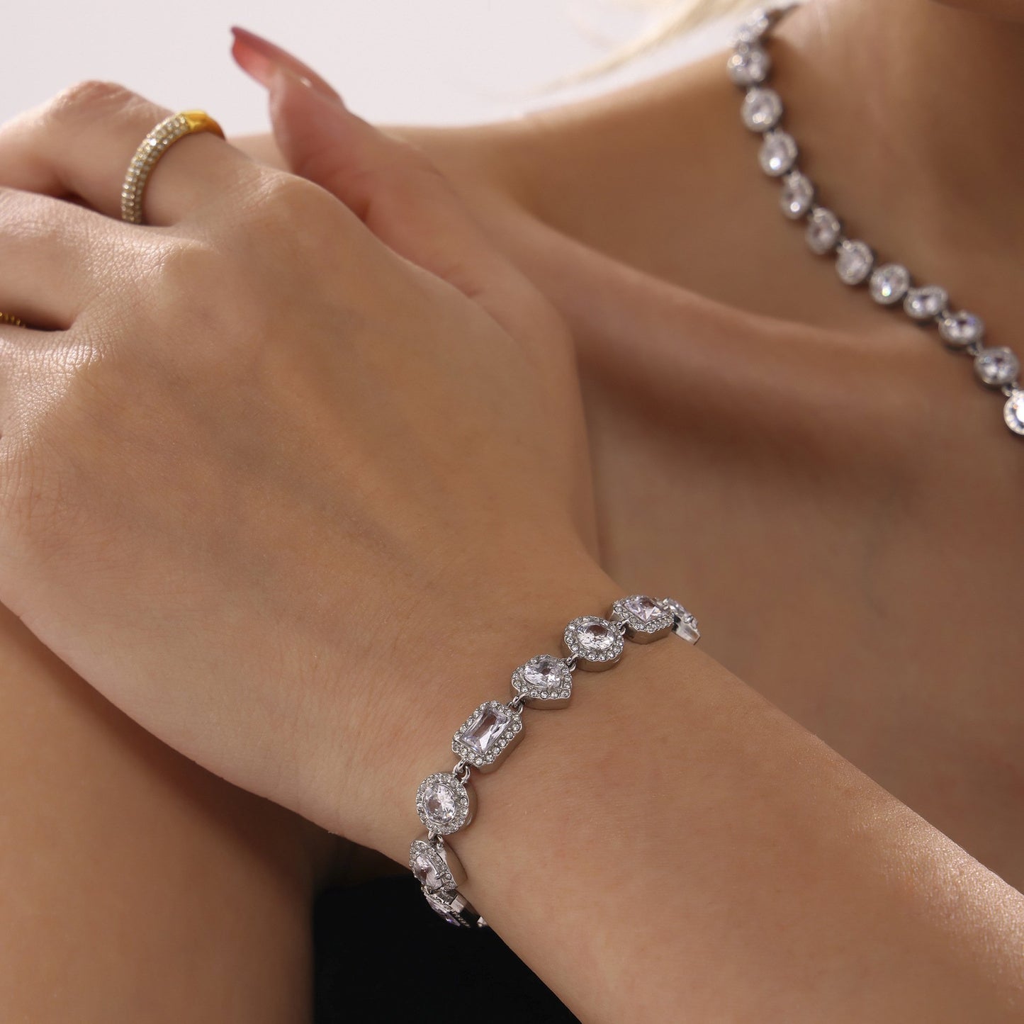 Stainless Steel Heart Square Cubic Zirconia Bracelet