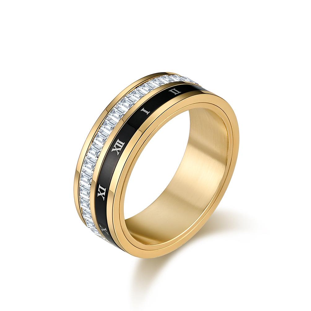 Roman Numeral Spinner Stainless Steel Ring with Square Cubic Zirconia