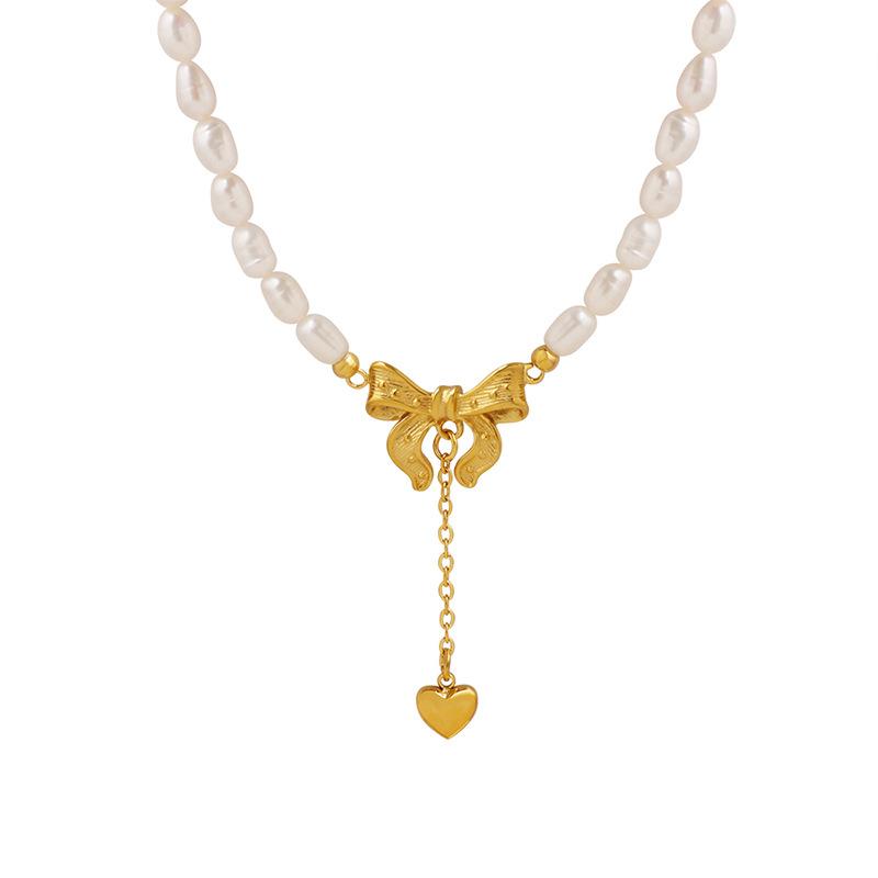 Bow Heart Tassel Pendant Freshwater Pearl Necklace