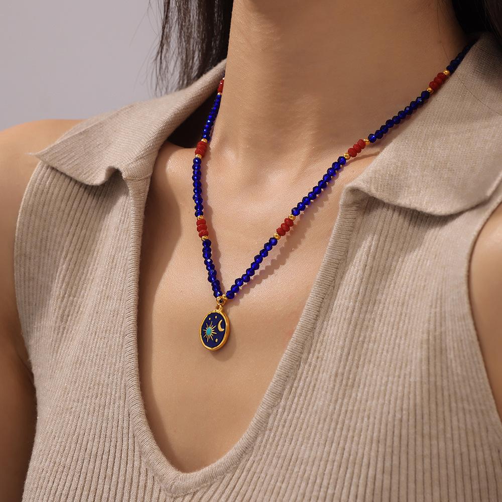 Stainless Steel Starry Sky Round Pendant Beaded Necklace
