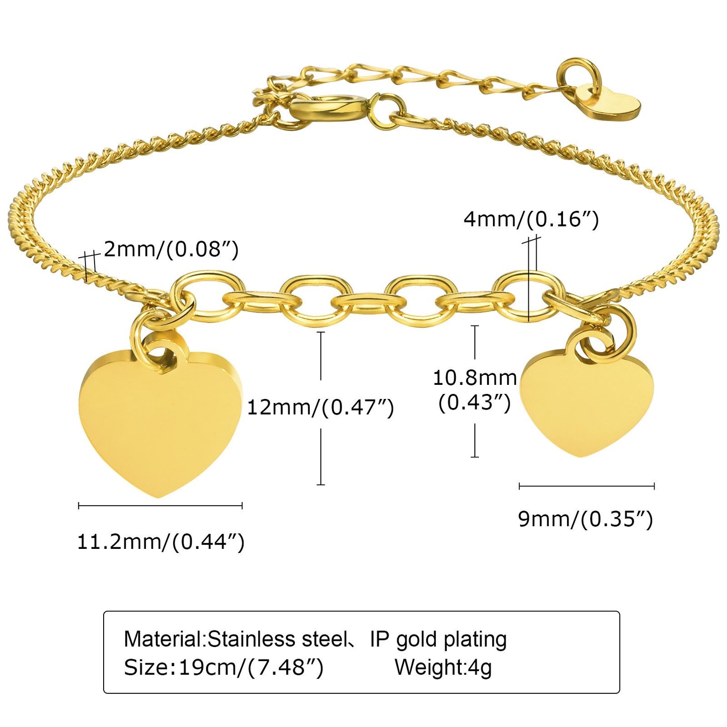Double Heart Curb Chain Blank Bracelet