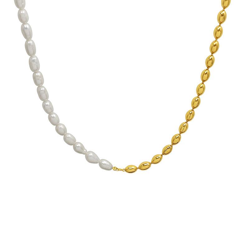 Stainless Steel Oval Beads Stitching Freshwater Pearl Necklace