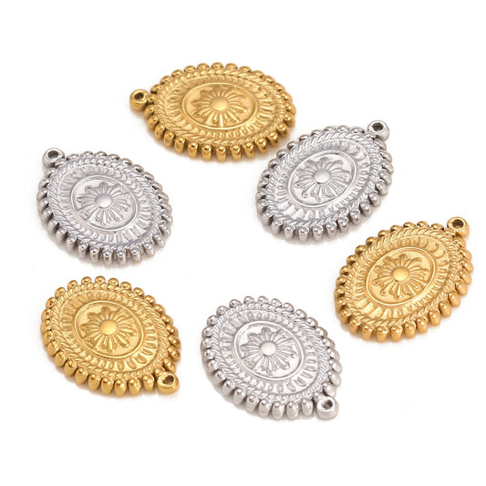 18K Gold PVD Stainless Steel Retro Pattern Oval Pendant