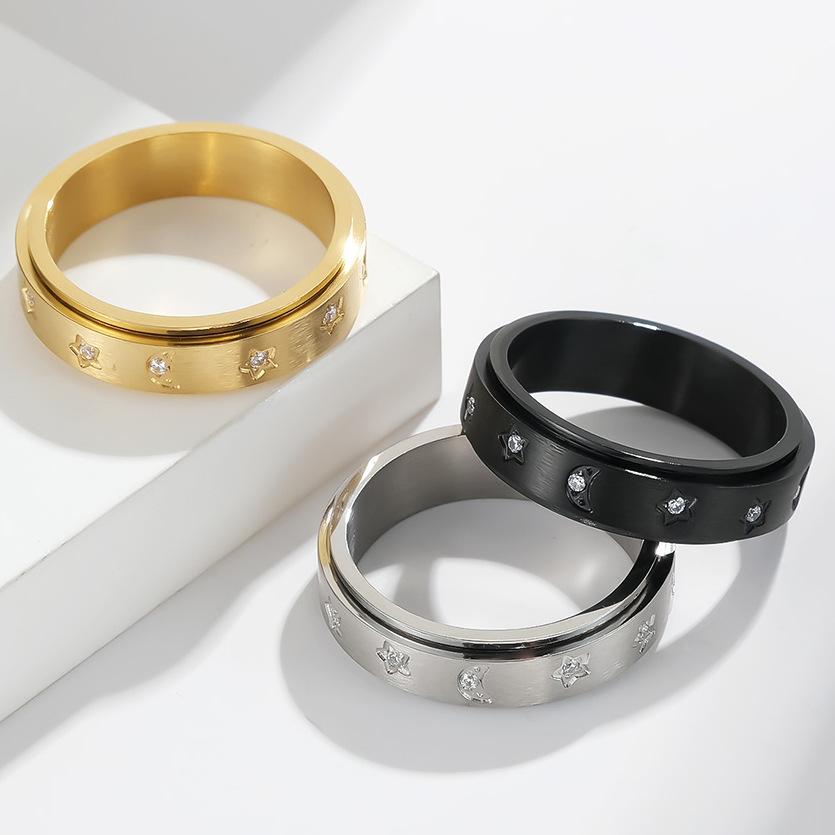 Star Moon Cubic Zirconia Stainless Steel Spinner Ring