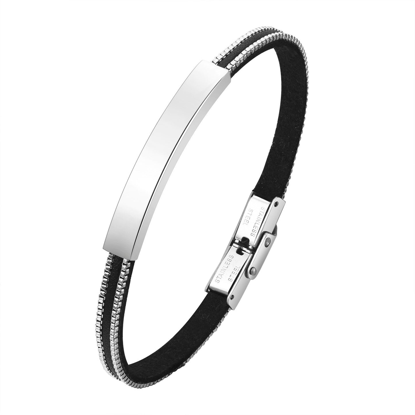 Stainless Steel Curved Bar Chain Blank Leather Bangle
