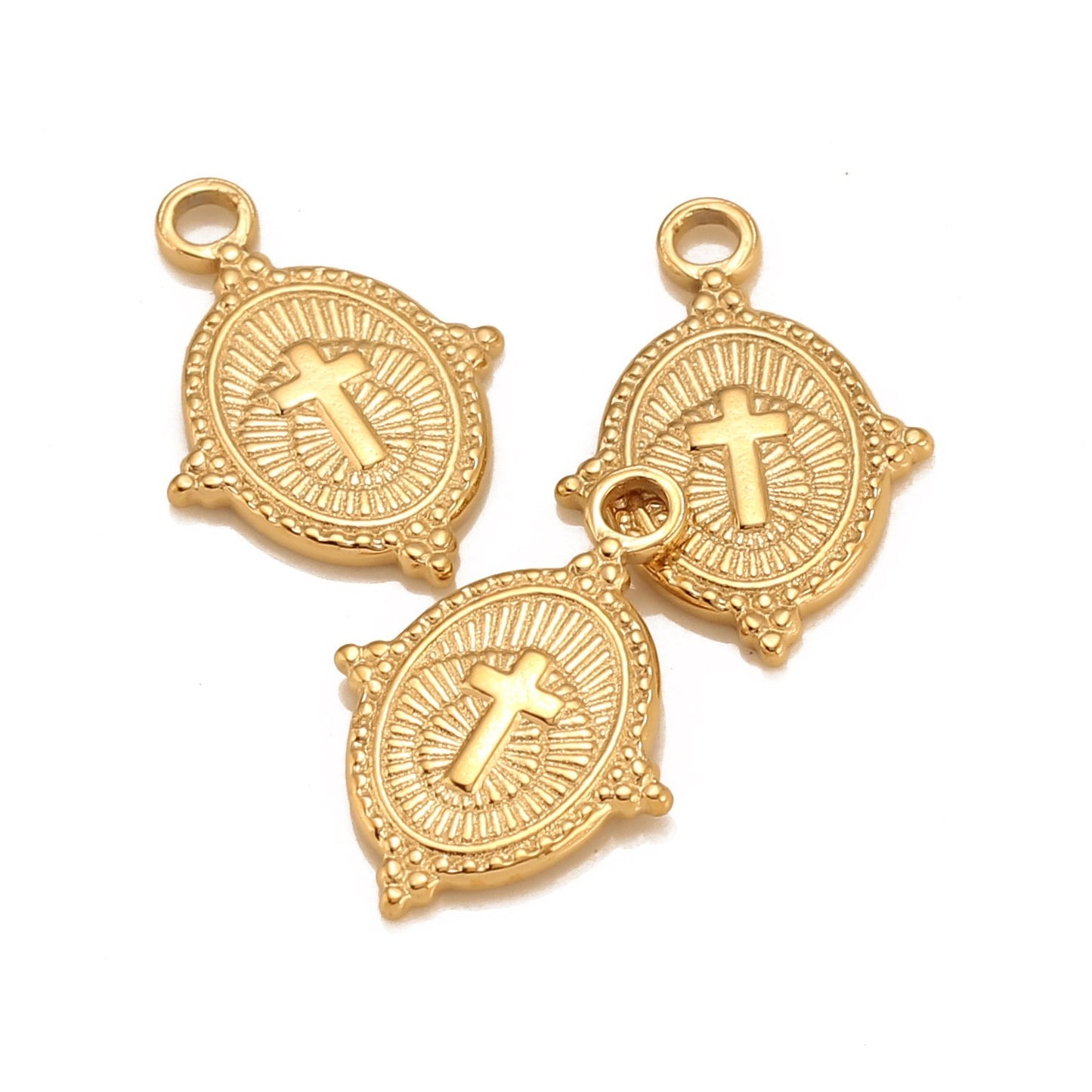 18K Gold PVD Stainless Steel Oval Cross Pendant