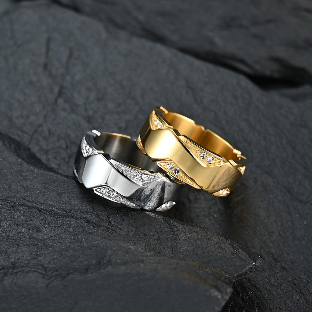18K Gold PVD M-Shaped Cubic Zirconia Stainless Steel Couple Ring
