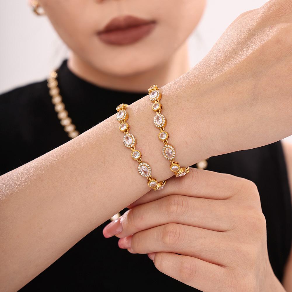 Stainless Steel Oval Inlay Cubic Zirconia Bracelet