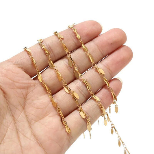 18K Gold PVD Stainless Steel Leaf Charm Link Chain - By the Meter