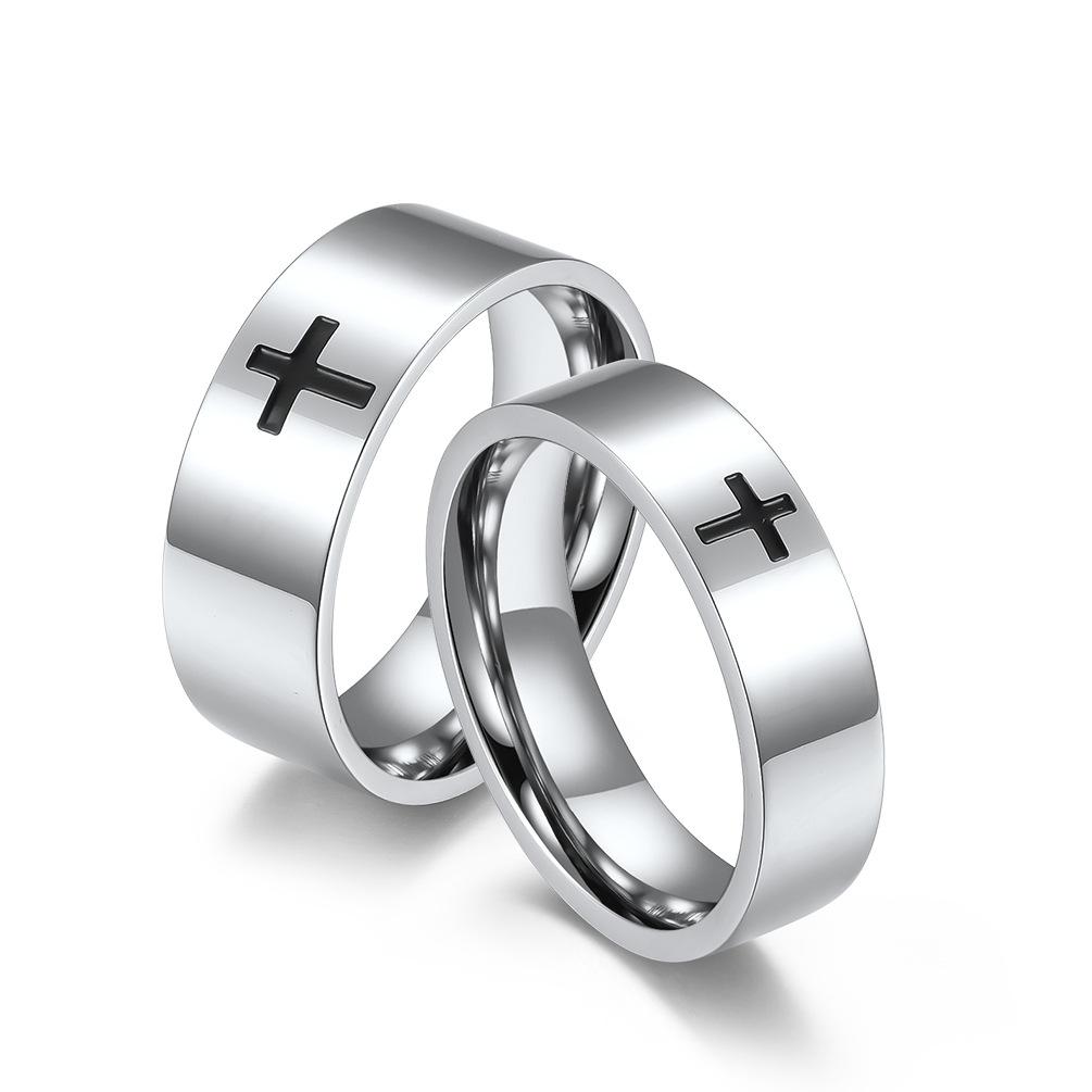 Polished Cross Drop Oil Stainless Steel Couple Ring