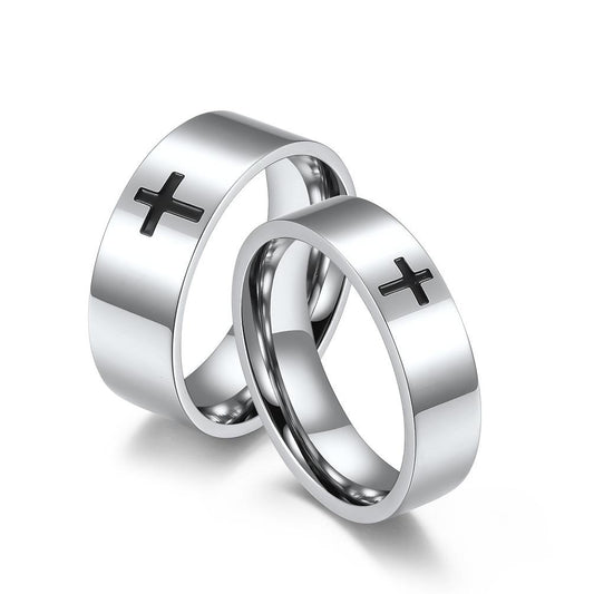 Polished Cross Drop Oil Stainless Steel Couple Ring